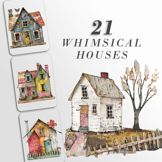 Whimsical Houses Clipart, Digital Download PNG Bundle, Quirky Images, Farm Houses, Junk Journal Art, Card Making, Cute Rustic, Collage Pack