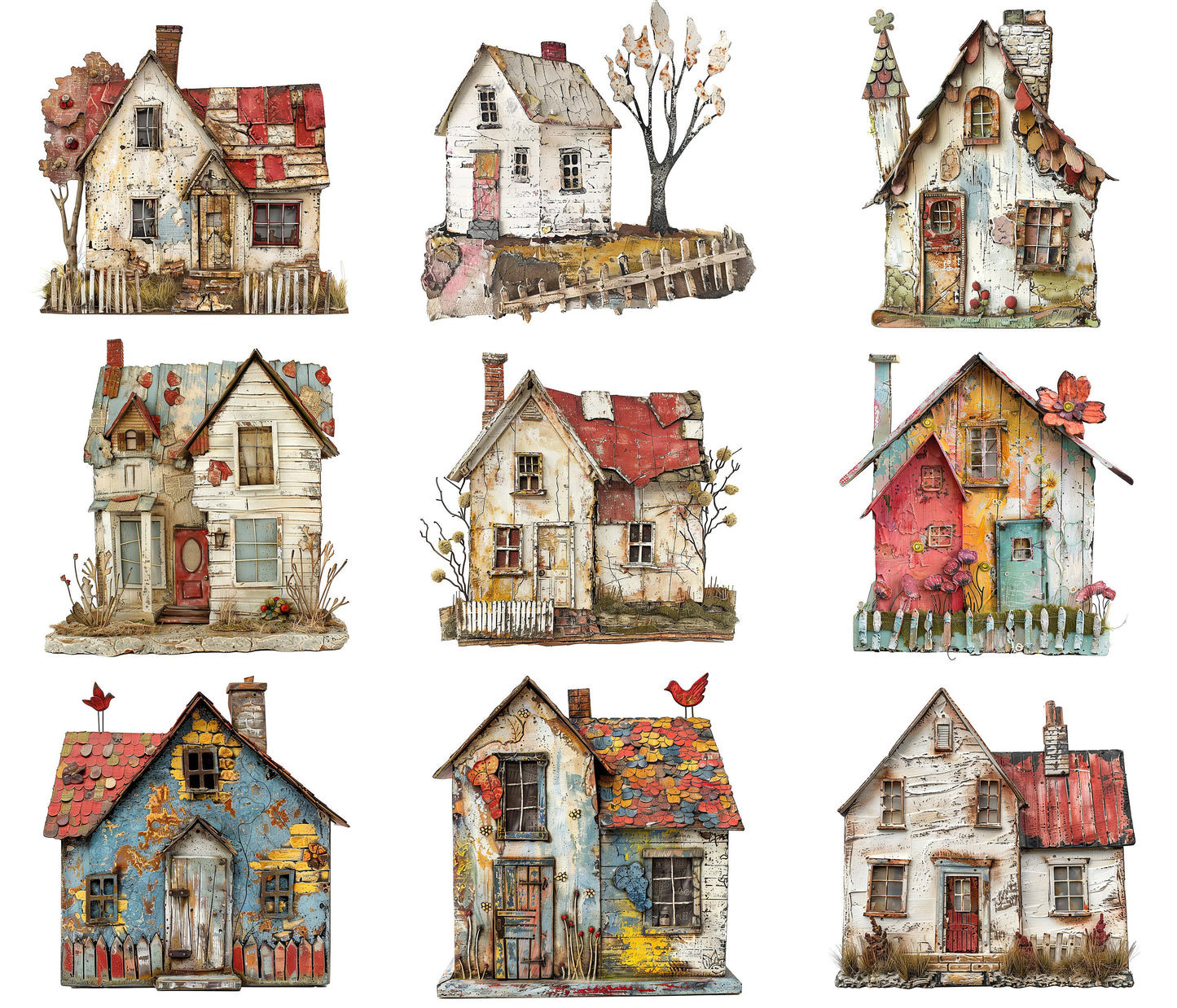 Whimsical Houses Clipart, Digital Download PNG Bundle, Quirky Images, Farm Houses, Junk Journal Art, Card Making, Cute Rustic, Collage Pack