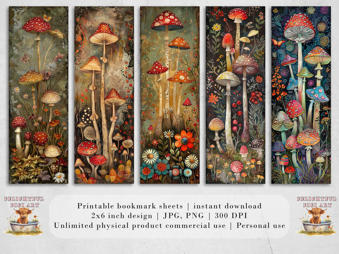 Mushroom Garden Printable Bookmarks| Whimsical Bookmarks| JPG Sheets| PNG bookmark sublimation| Book Lover Gift| Quirky Shrooms & Flowers|