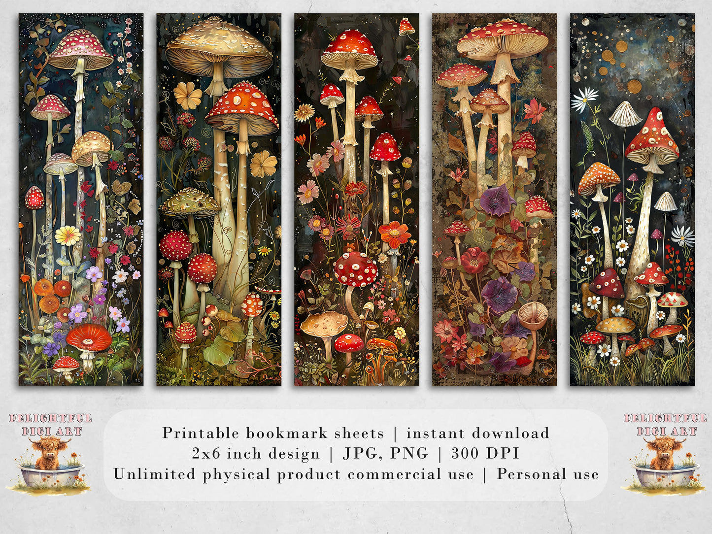 Mushroom Garden Printable Bookmarks| Whimsical Bookmarks| JPG Sheets| PNG bookmark sublimation| Book Lover Gift| Quirky Shrooms & Flowers|