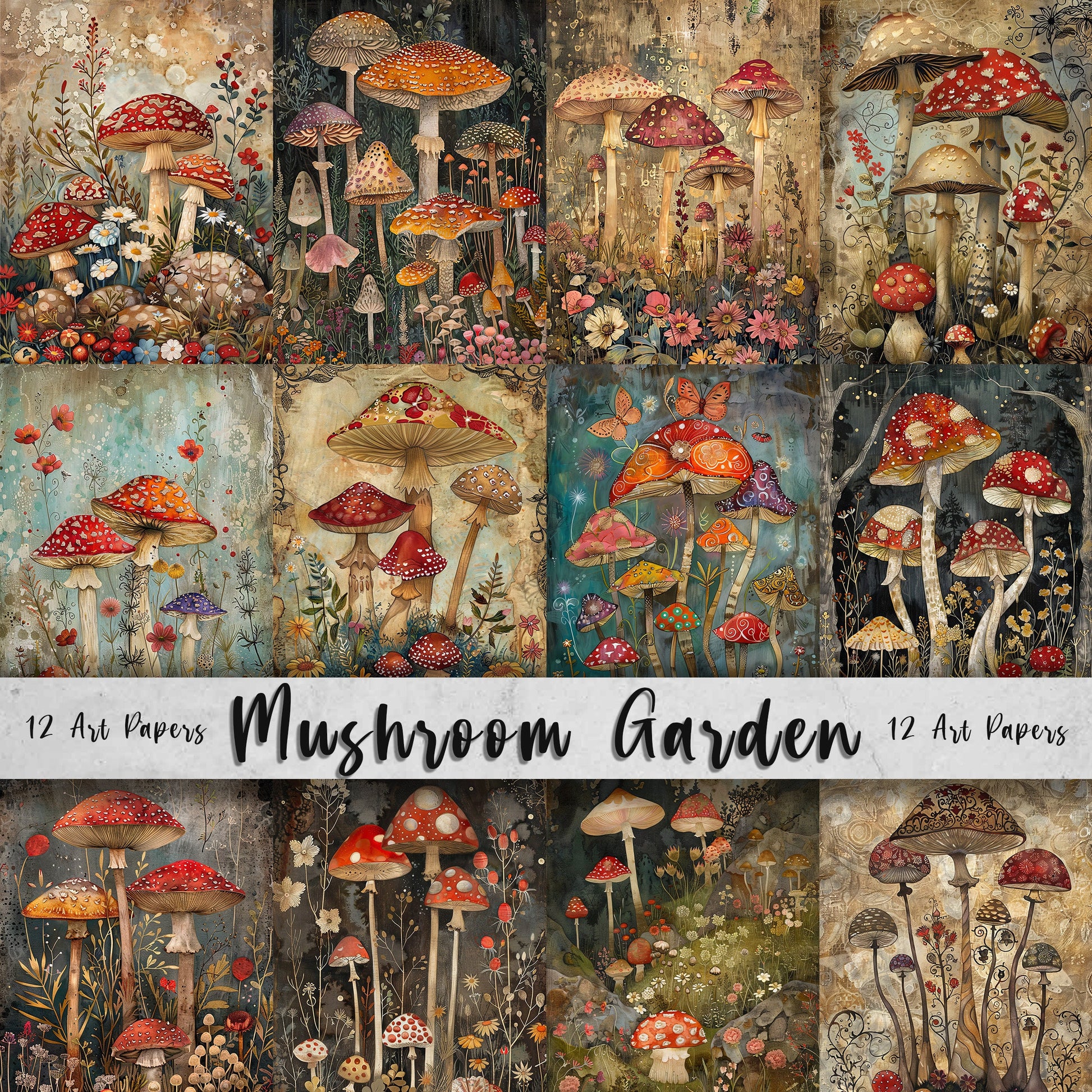 Mushroom Garden Printable Art Pages| Digital Download Paper Set| Quirky Digital Art| Junk Journal| Scrapbooking| DIY Card Making| Gift Idea