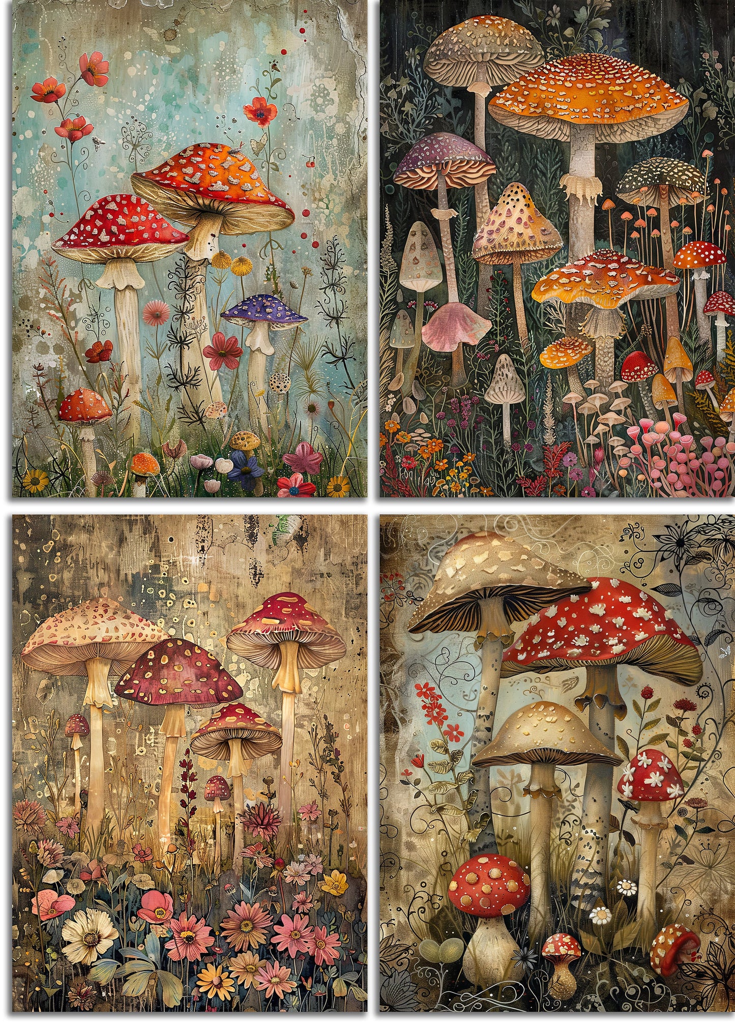 Mushroom Garden Printable Art Pages| Digital Download Paper Set| Quirky Digital Art| Junk Journal| Scrapbooking| DIY Card Making| Gift Idea