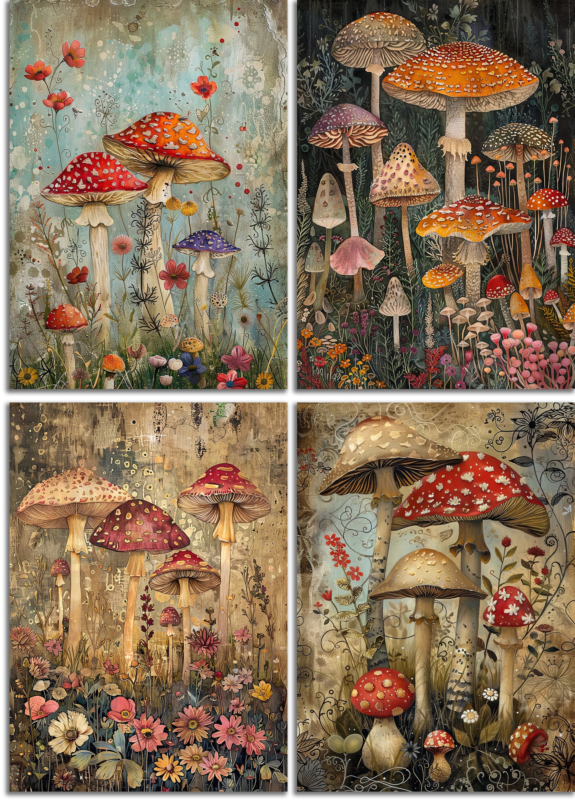 Mushroom Garden Printable Art Pages| Digital Download Paper Set| Quirky Digital Art| Junk Journal| Scrapbooking| DIY Card Making| Gift Idea