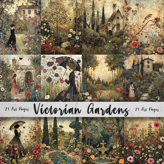 Victorian Gardens Printable Art Pages, Whimsical Art Pack Quirky Digital Paper Floral Scrapbooking Images, Junk Journal Art, DIY Card Making