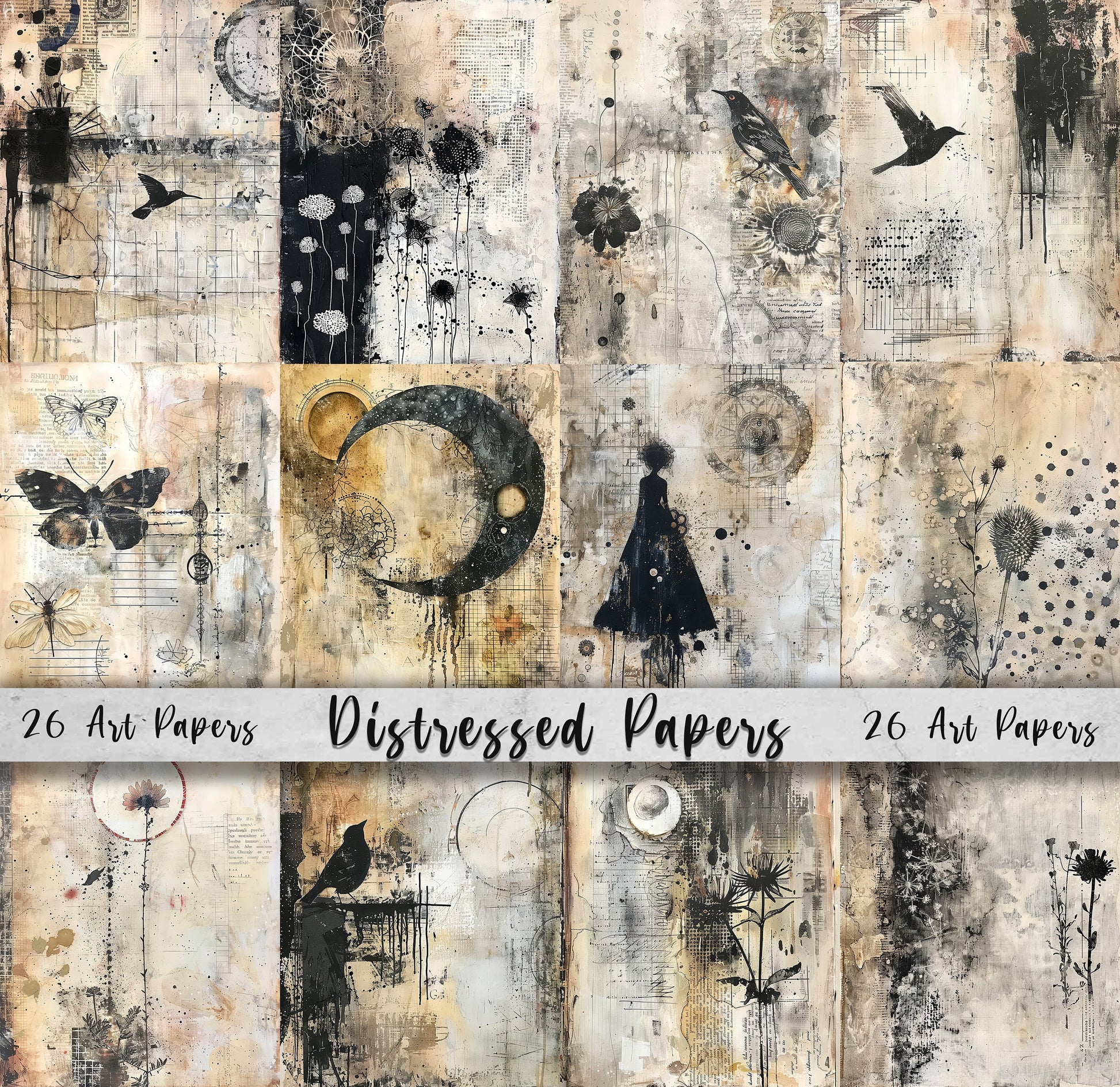 Distressed Pages Printable Art, Paper Set, Quirky Digital Scrapbook, Mixed Media Junk Journal DIY Card Making, Birds, Flowers, Butterflies