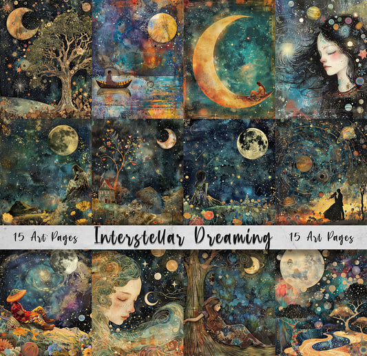 Interstellar Dreaming Printable Art Pages, Quirky Digital Scrapbook Paper, Mixed Media Junk Journal DIY Card Making, Celestial Planets Moon