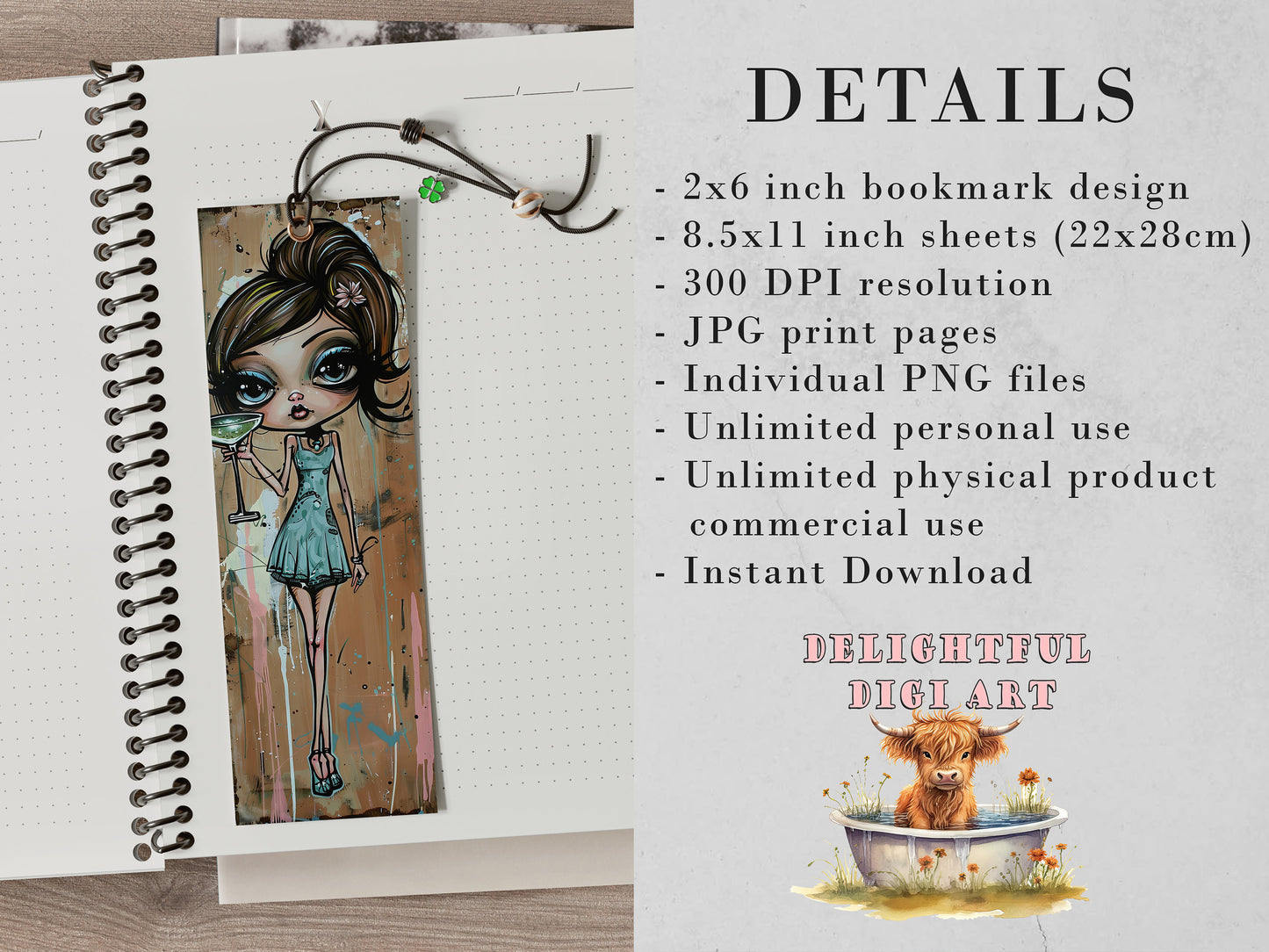 Cocktail Girls Printable Bookmarks| Quirky Mixed Media Bookmark Sheets| 10 PNG bookmark sublimation| Whimsical Summer Girl Digital Bookmarks