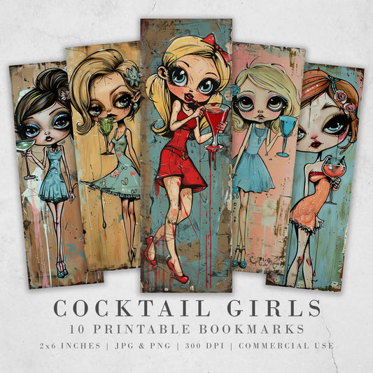 Cocktail Girls Printable Bookmarks| Quirky Mixed Media Bookmark Sheets| 10 PNG bookmark sublimation| Whimsical Summer Girl Digital Bookmarks