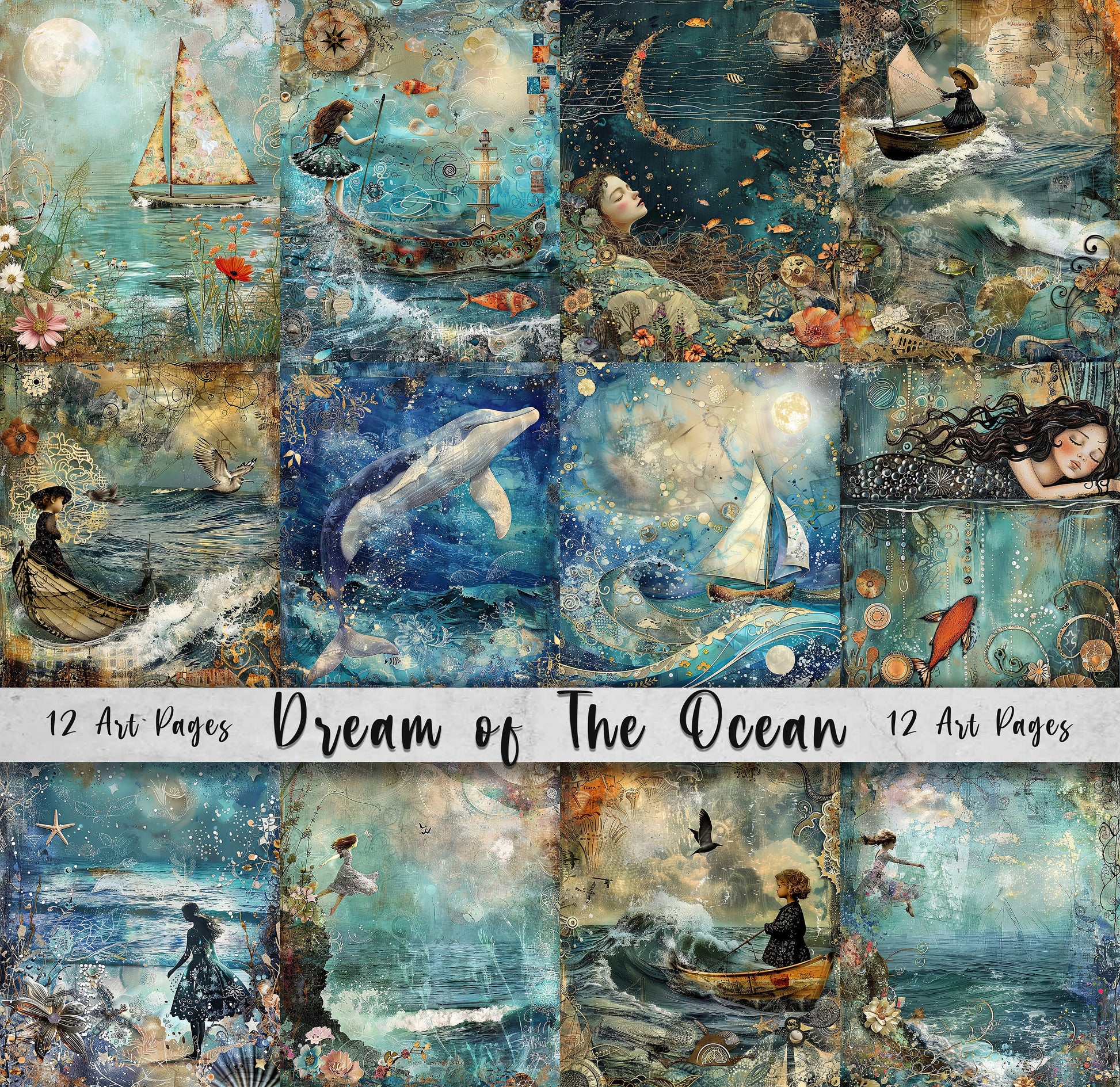 Dream of the Ocean Printable Art Pages, Quirky Digital Scrapbook, Mixed Media Junk Journal DIY Card Making, Whimsical Sea Side, Whale, Boat