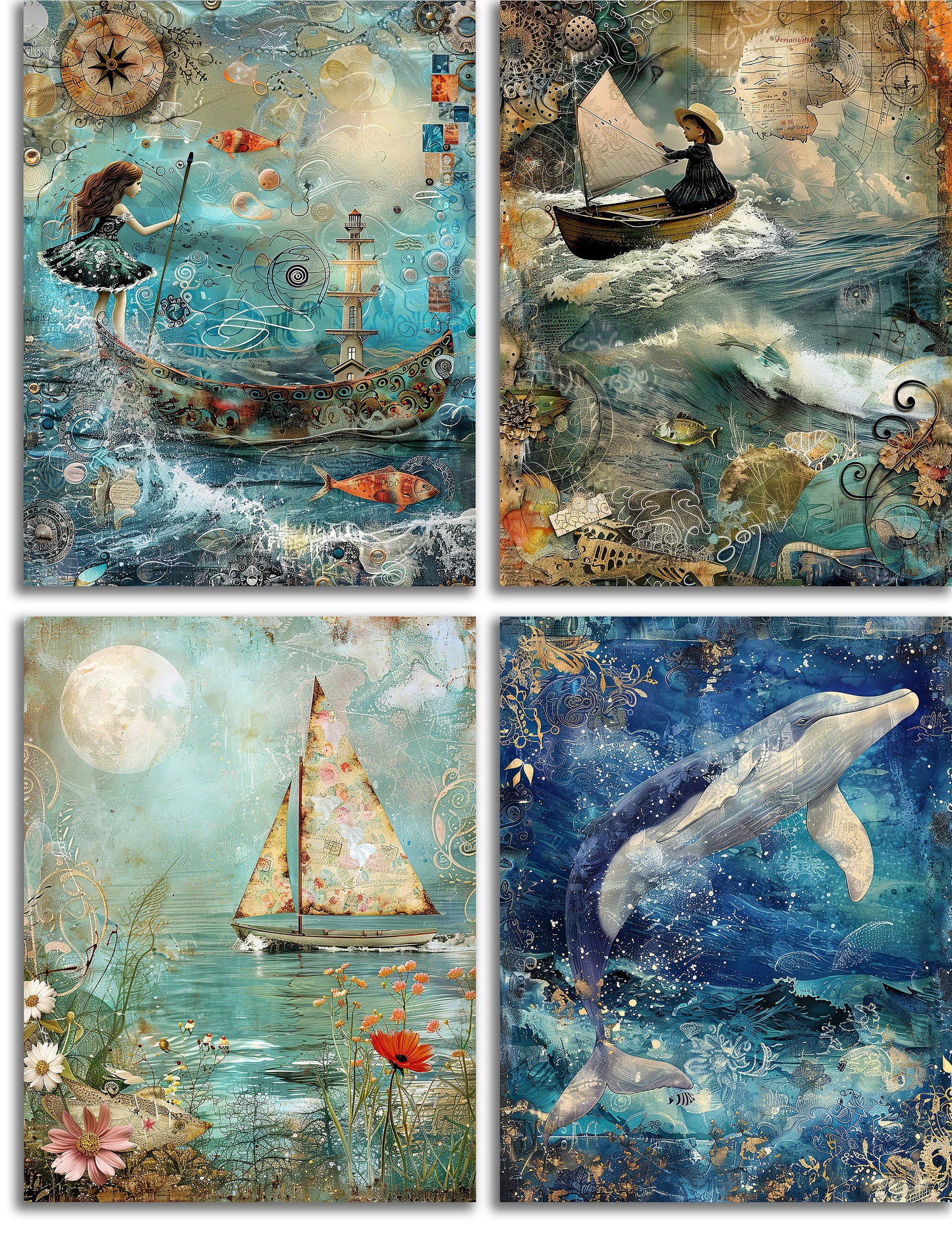 Dream of the Ocean Printable Art Pages, Quirky Digital Scrapbook, Mixed Media Junk Journal DIY Card Making, Whimsical Sea Side, Whale, Boat