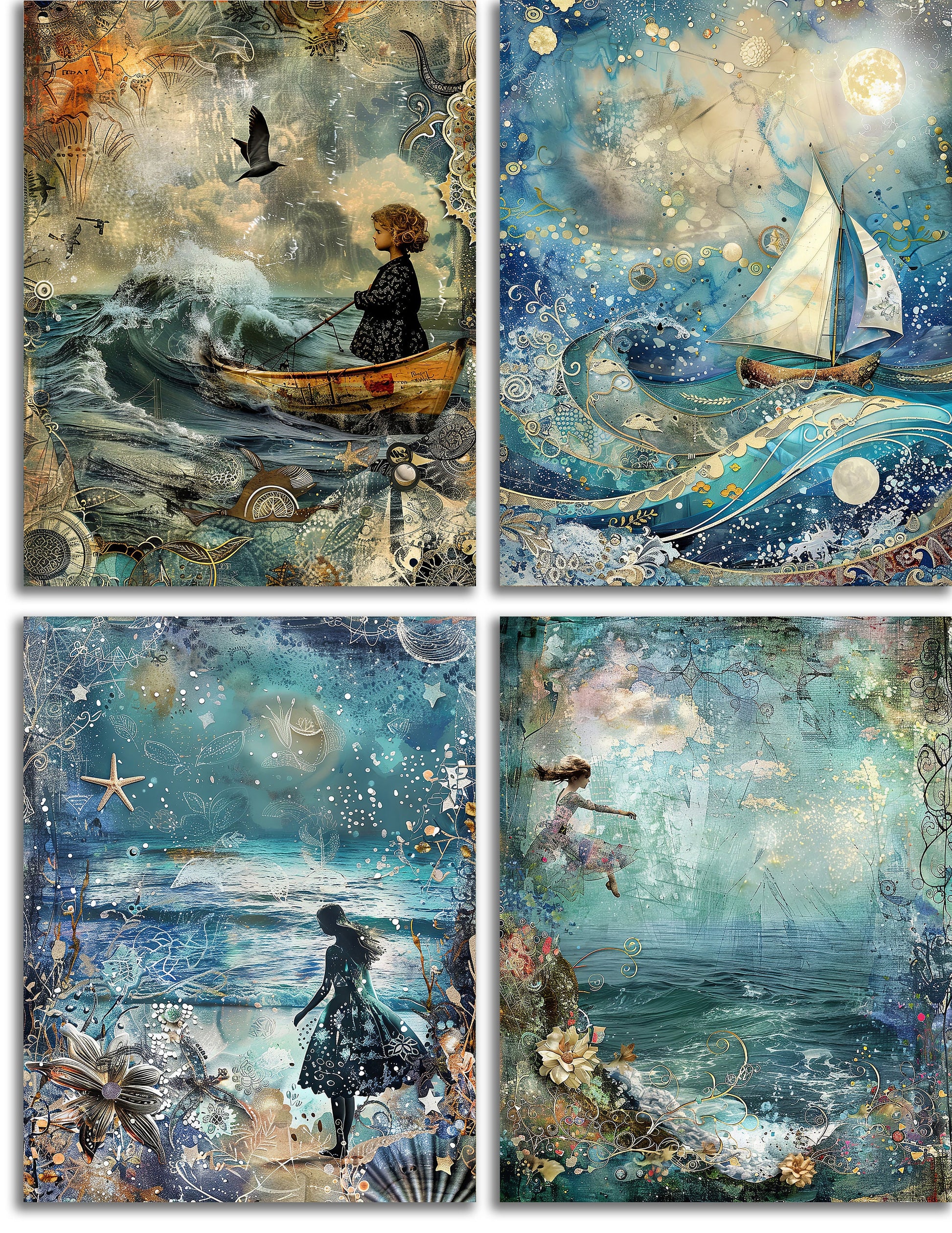 Dream of the Ocean Printable Art Pages, Quirky Digital Scrapbook, Mixed Media Junk Journal DIY Card Making, Whimsical Sea Side, Whale, Boat