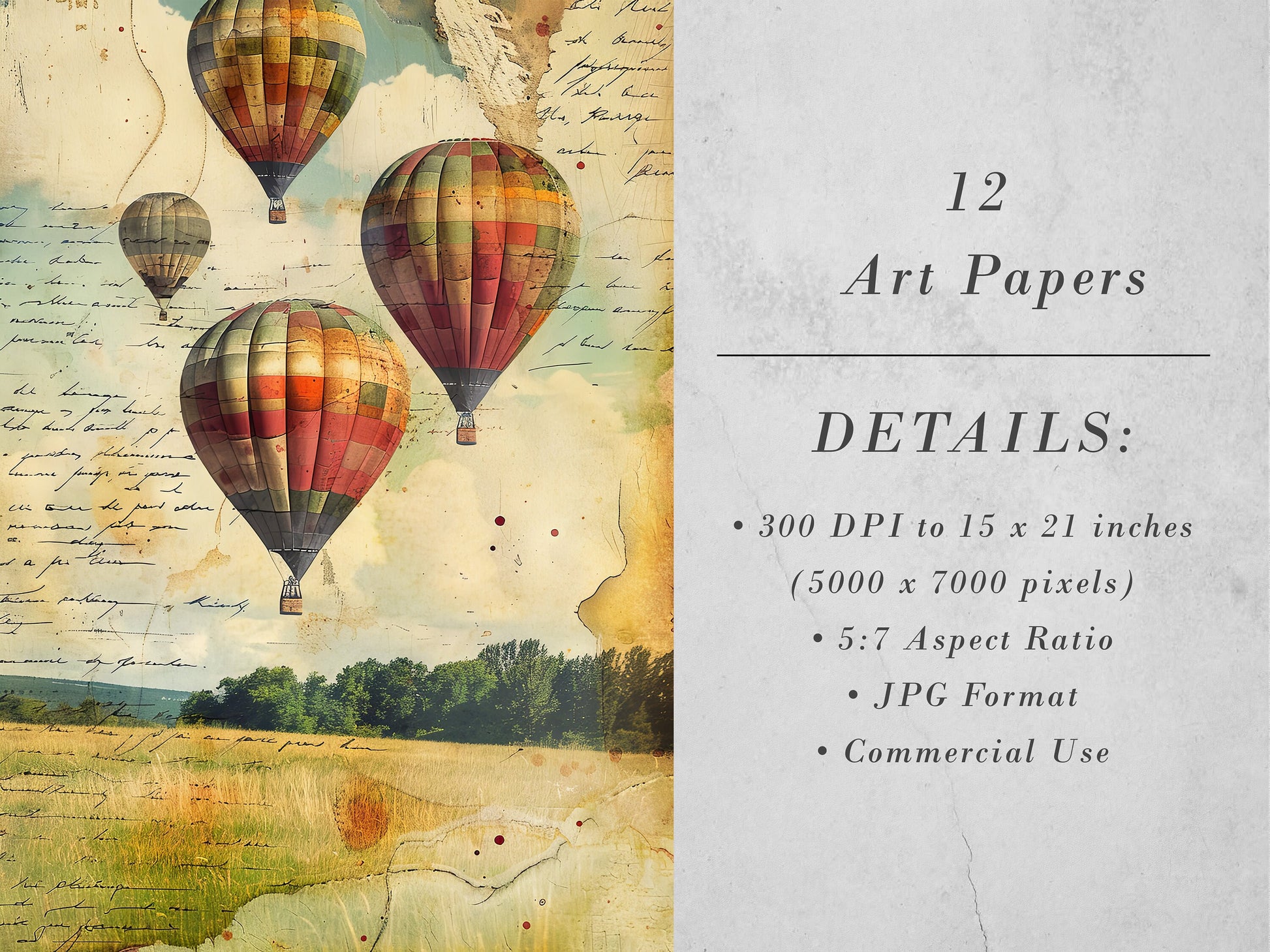 Hot Air Balloon Printable Art Pages, Digital Download Paper Set, Quirky Mixed Media Holiday, Junk Journal Art Card Making Gift Scrapbooking