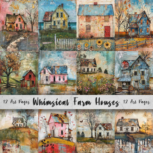 Whimsical Farm Houses Printable Art Pages| Digital Download Paper Set| Quirky Digital Paper Mixed Media Houses| Junk Journal Art Card Making