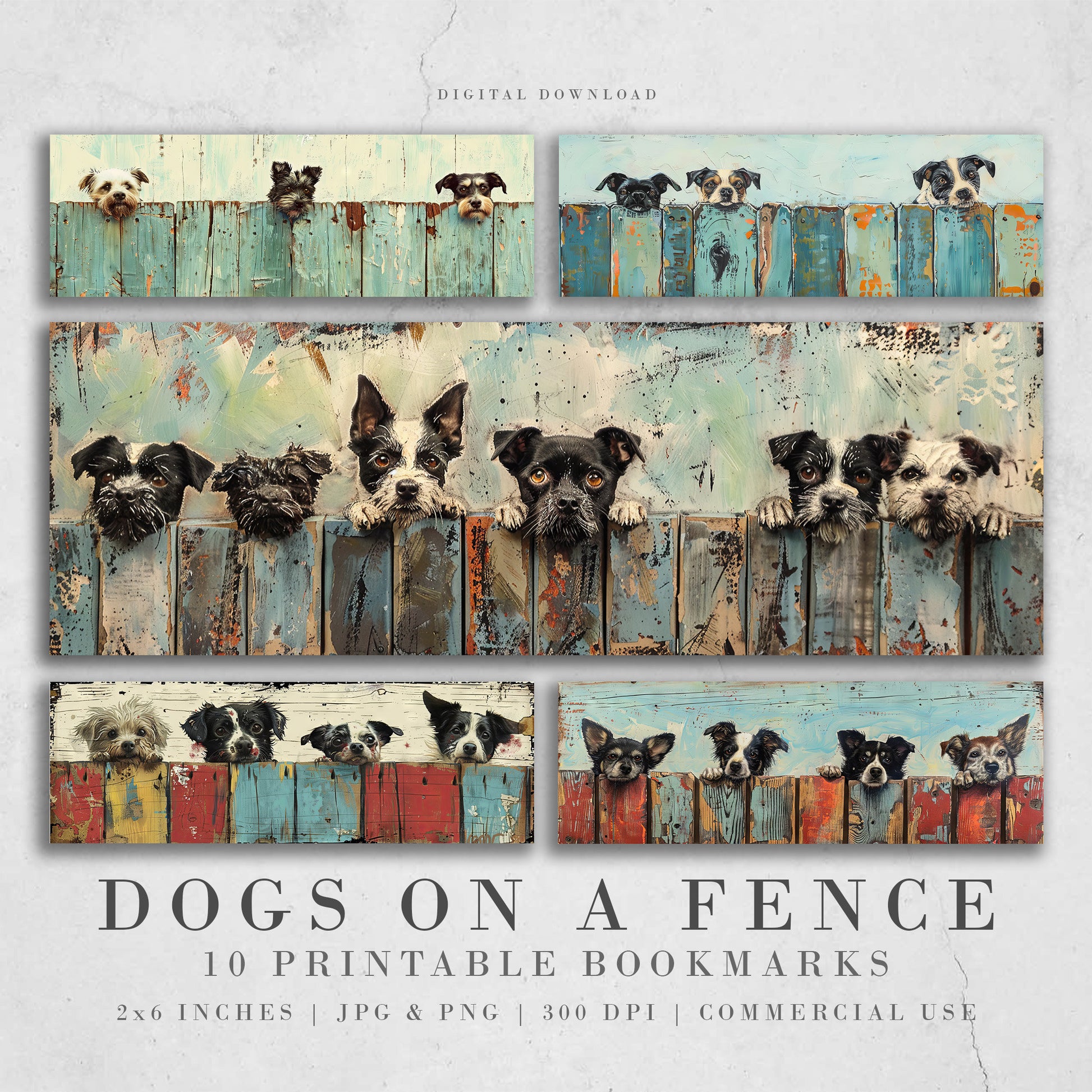 Dogs on a Fence Printable Bookmarks, Digital Download JPG Bookmark Sheets, PNG sublimation, Mixed Media Dog Lover Crafter Gift for women