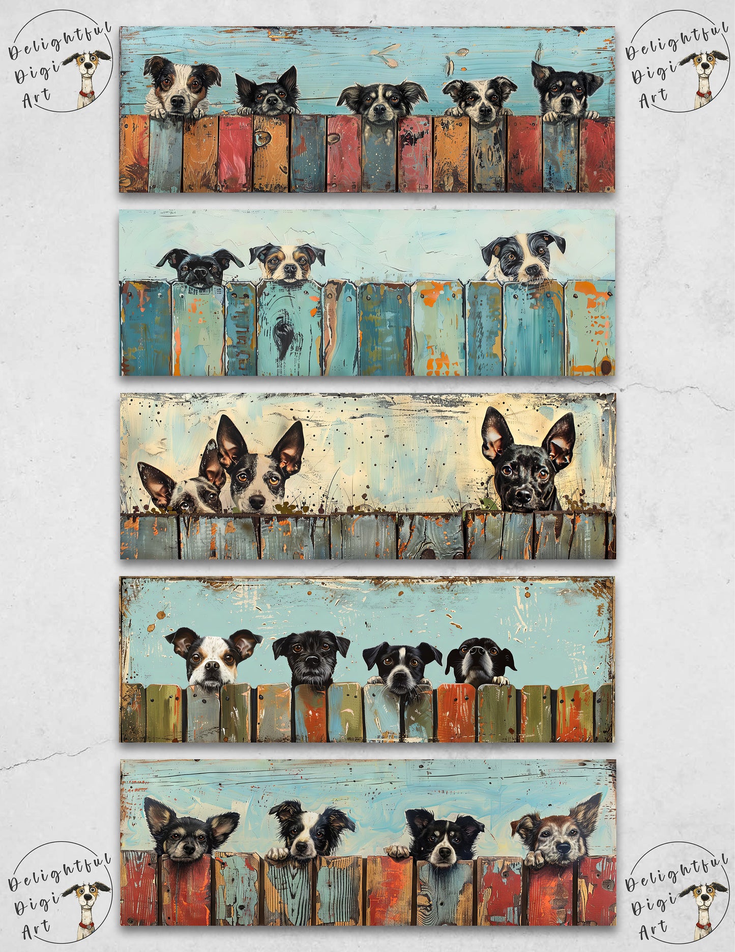 Dogs on a Fence Printable Bookmarks, Digital Download JPG Bookmark Sheets, PNG sublimation, Mixed Media Dog Lover Crafter Gift for women