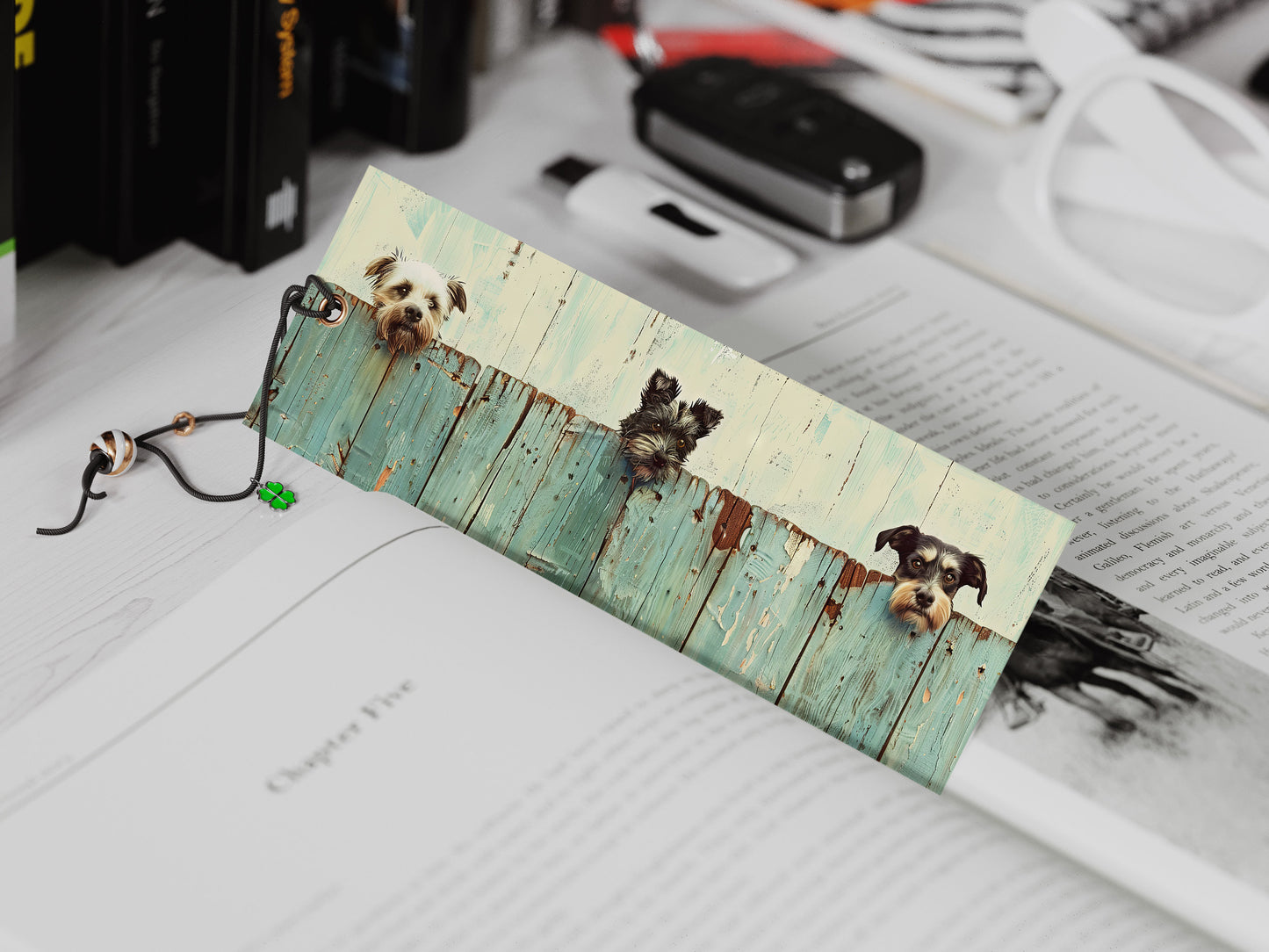 Dogs on a Fence Printable Bookmarks, Digital Download JPG Bookmark Sheets, PNG sublimation, Mixed Media Dog Lover Crafter Gift for women