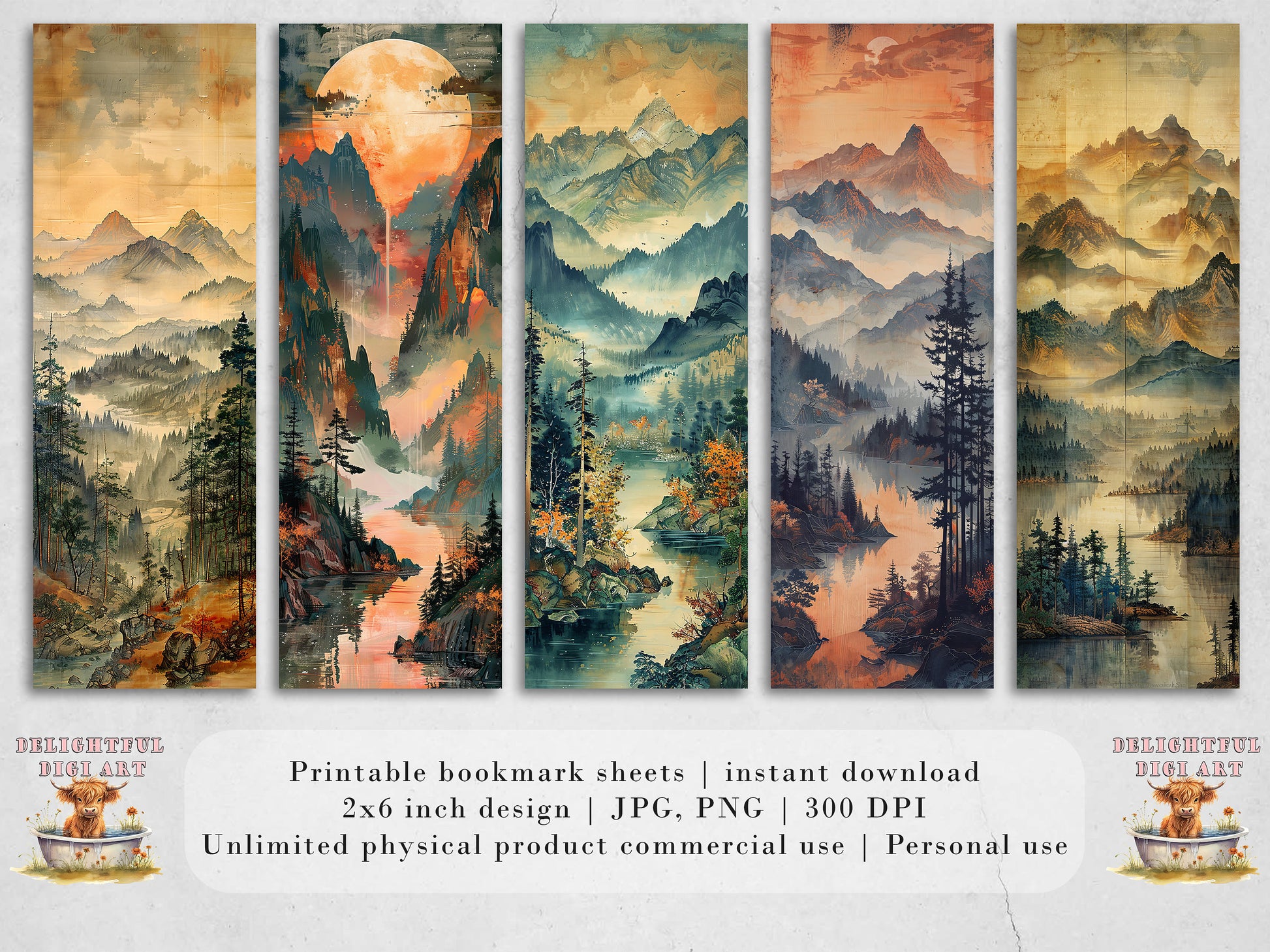 10 Misty Mountains Printable Bookmarks | Digital Download JPG Bookmark Sheets | PNG bookmark sublimation | Sunrise bookmark set | Gift