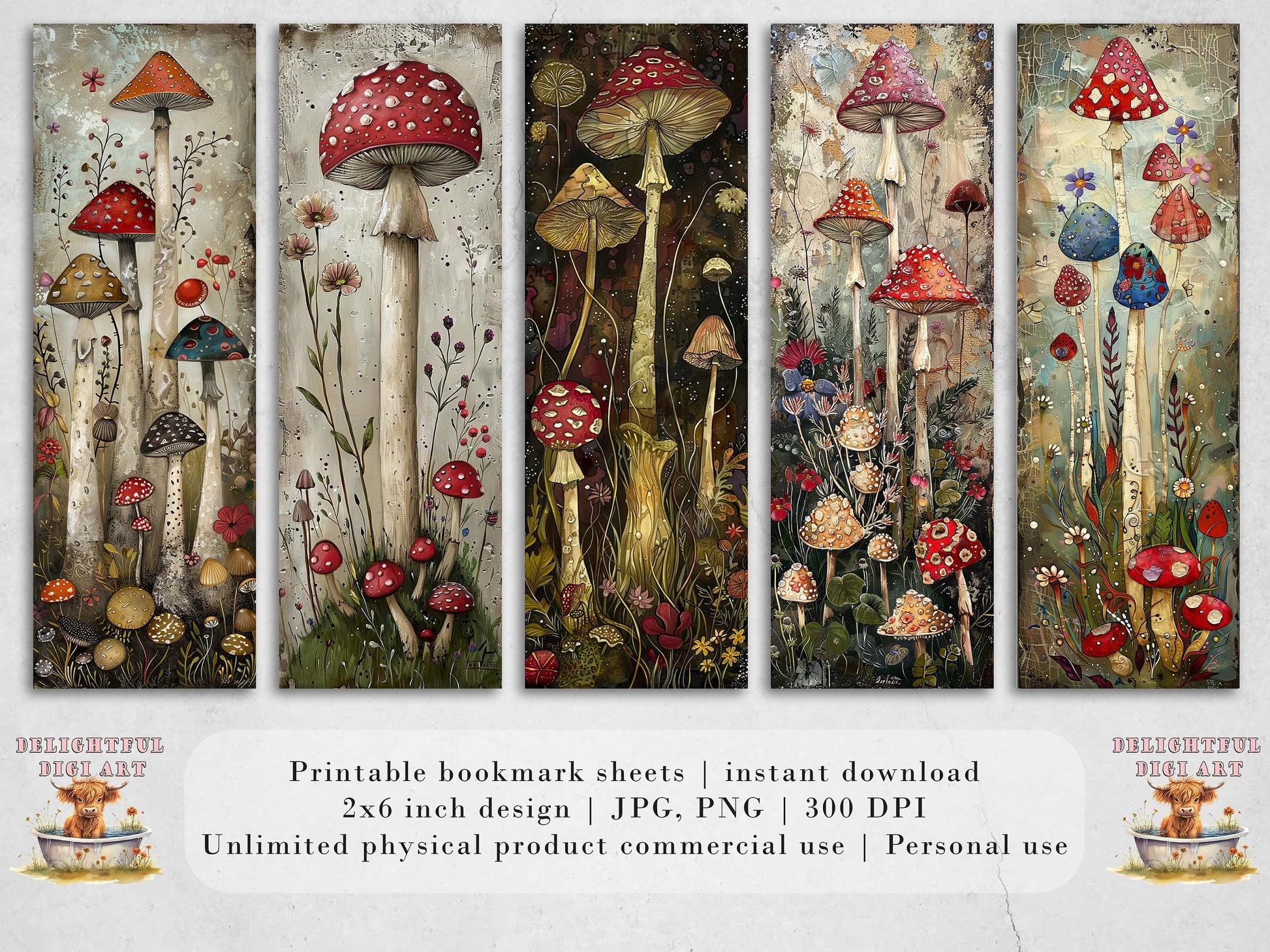 Mushroom Garden Printable Bookmarks| Whimsical Bookmarks| JPG Sheets| PNG bookmark sublimation| Book Lover Gift| Quirky Shrooms & Flowers|