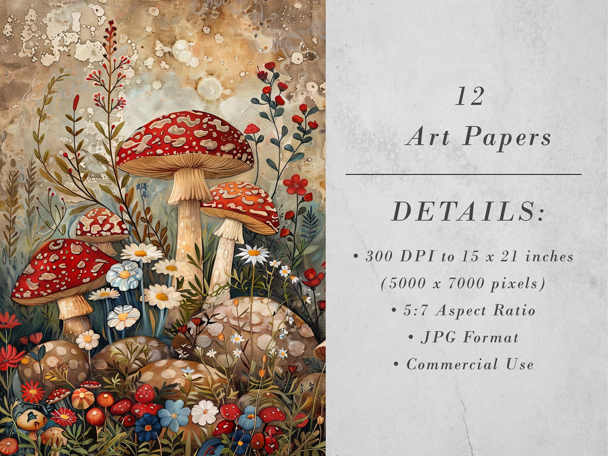 Mushroom Garden Printable Art Pages| Digital Download Paper Set| Quirky Digital Art| Junk Journal| Scrapbooking| DIY Card Making| Gift Idea