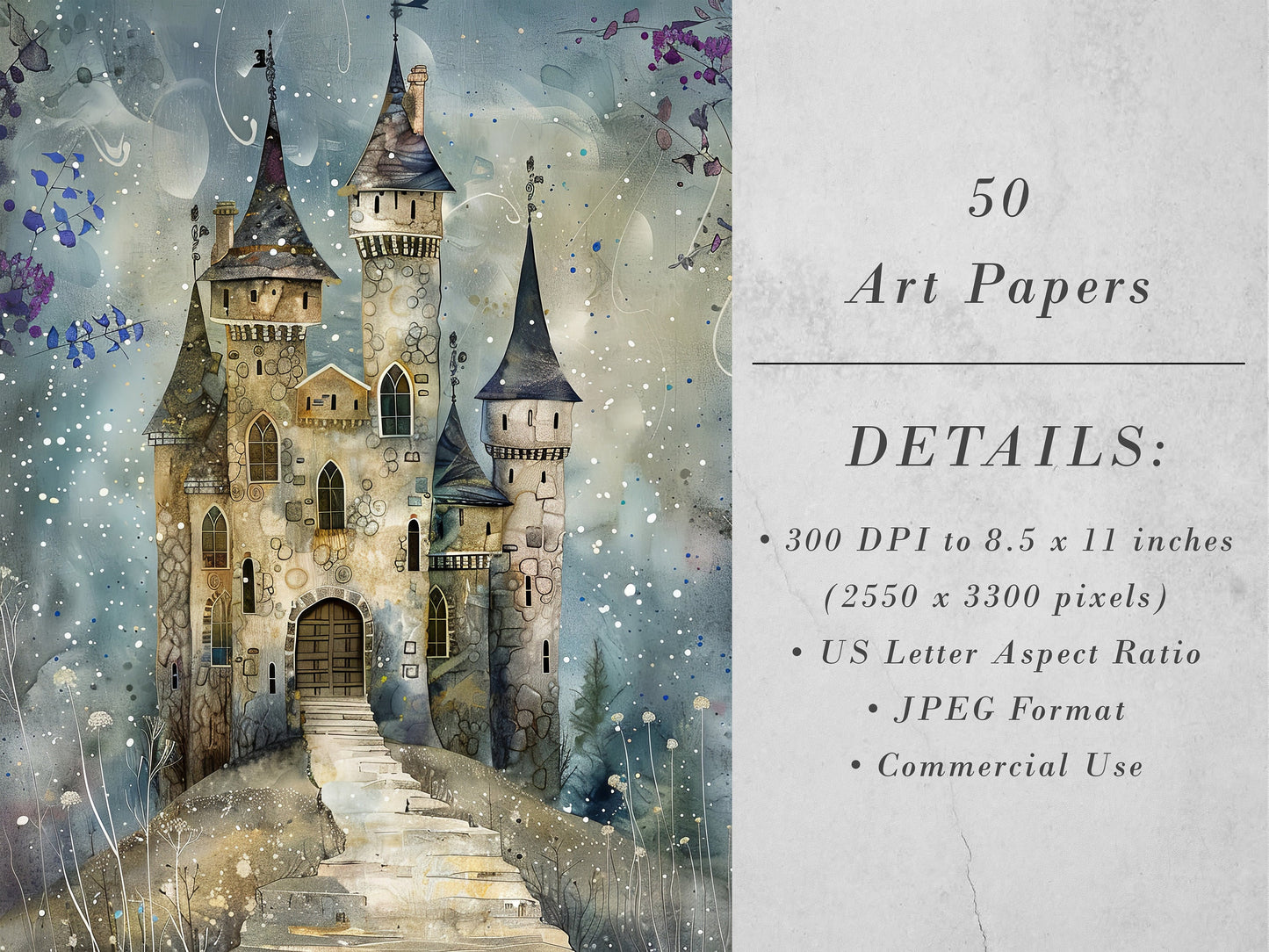 50 Fairytale Castles Backgrounds, Digital Download Paper Set, Whimsical, Quirky, Junk Journal, Scrapbook, JPG, 5x7, Fun DIY Card Making Gift