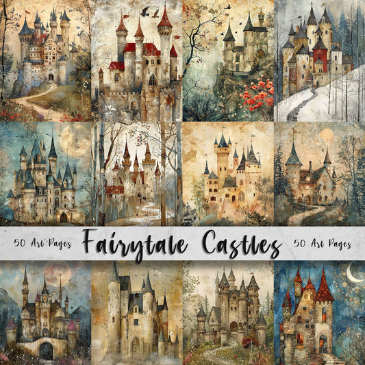 50 Fairytale Castles Backgrounds, Digital Download Paper Set, Whimsical, Quirky, Junk Journal, Scrapbook, JPG, 5x7, Fun DIY Card Making Gift