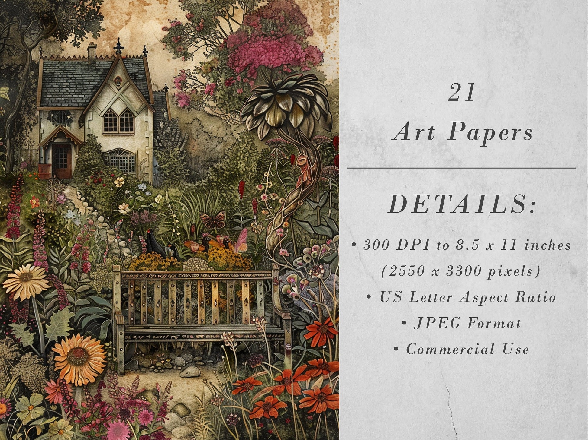 Victorian Gardens Printable Art Pages, Whimsical Art Pack Quirky Digital Paper Floral Scrapbooking Images, Junk Journal Art, DIY Card Making