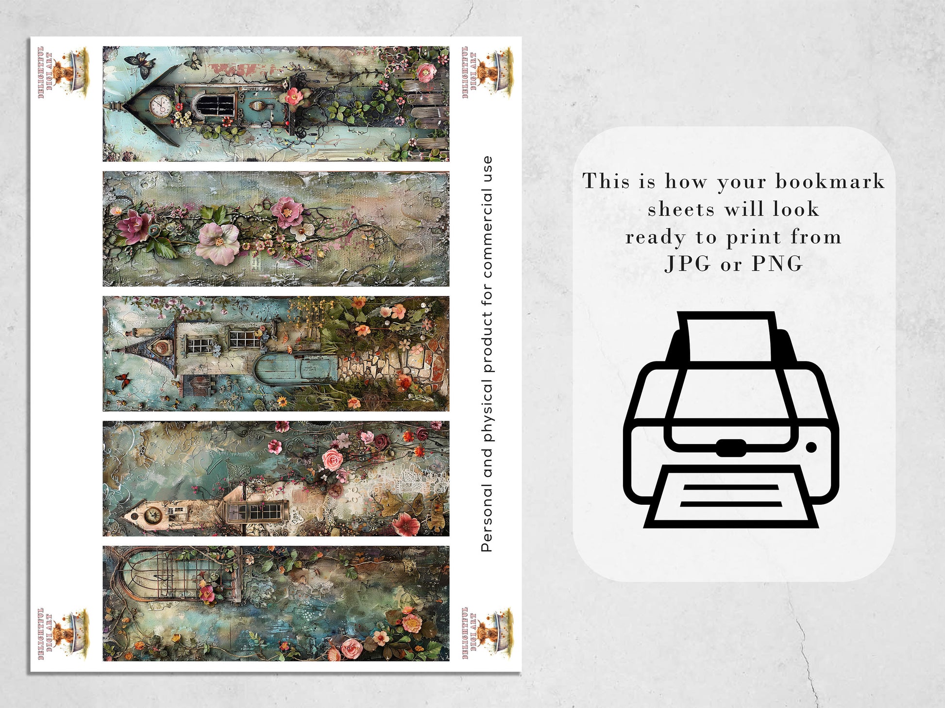 Vintage Whimsy Printable Bookmarks | Digital Download JPG Bookmark Set| PNG sublimation| Quirky Victorian Fussy Cuts DIY Craft Gift, Flowers