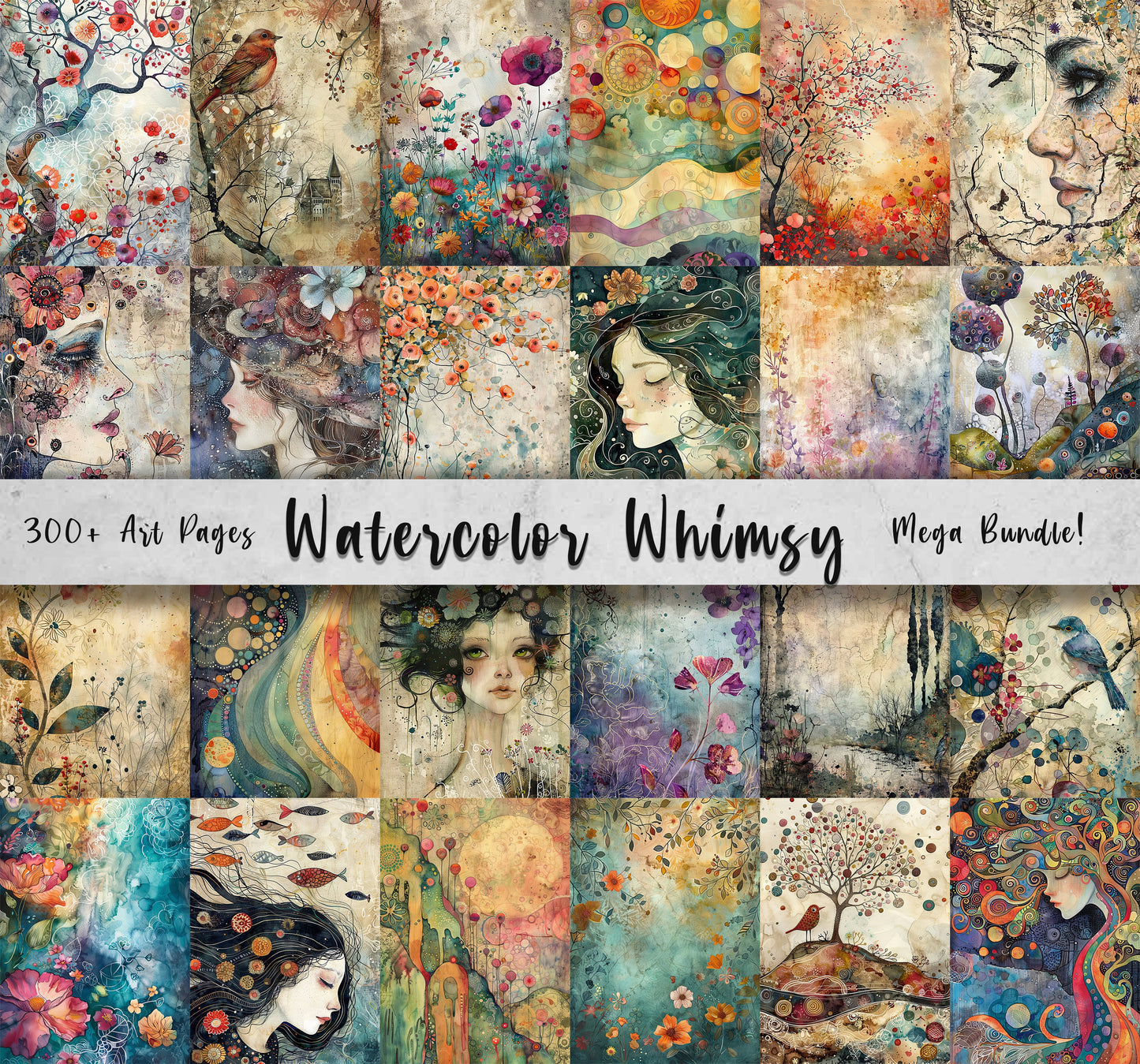 300+ Watercolor Whimsy Backgrounds, Digital Download Paper Set, Whimsical, Quirky, Junk Journal, Scrapbook, JPG, 5x7 Floral Card Making Pack