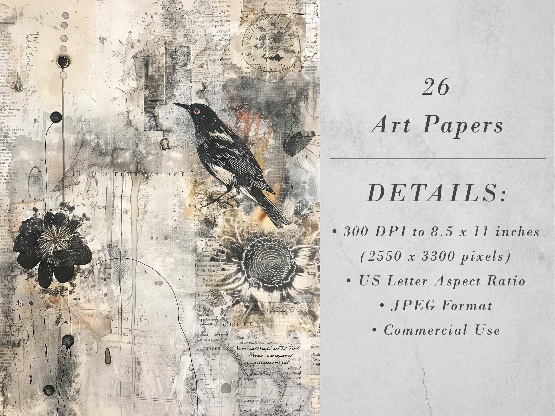 Distressed Pages Printable Art, Paper Set, Quirky Digital Scrapbook, Mixed Media Junk Journal DIY Card Making, Birds, Flowers, Butterflies