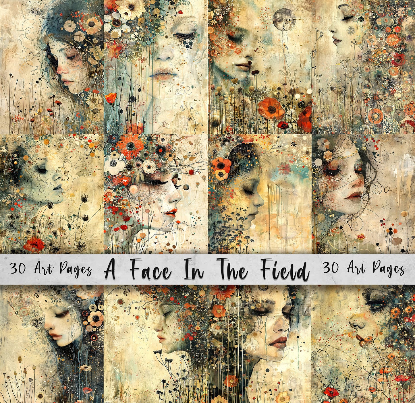 A Face In the Field Printable Art Pages, Whimsical Graphic Pack, Quirky Digital Paper, Floral Scrapbook Images and Junk Journal Art DIY Card