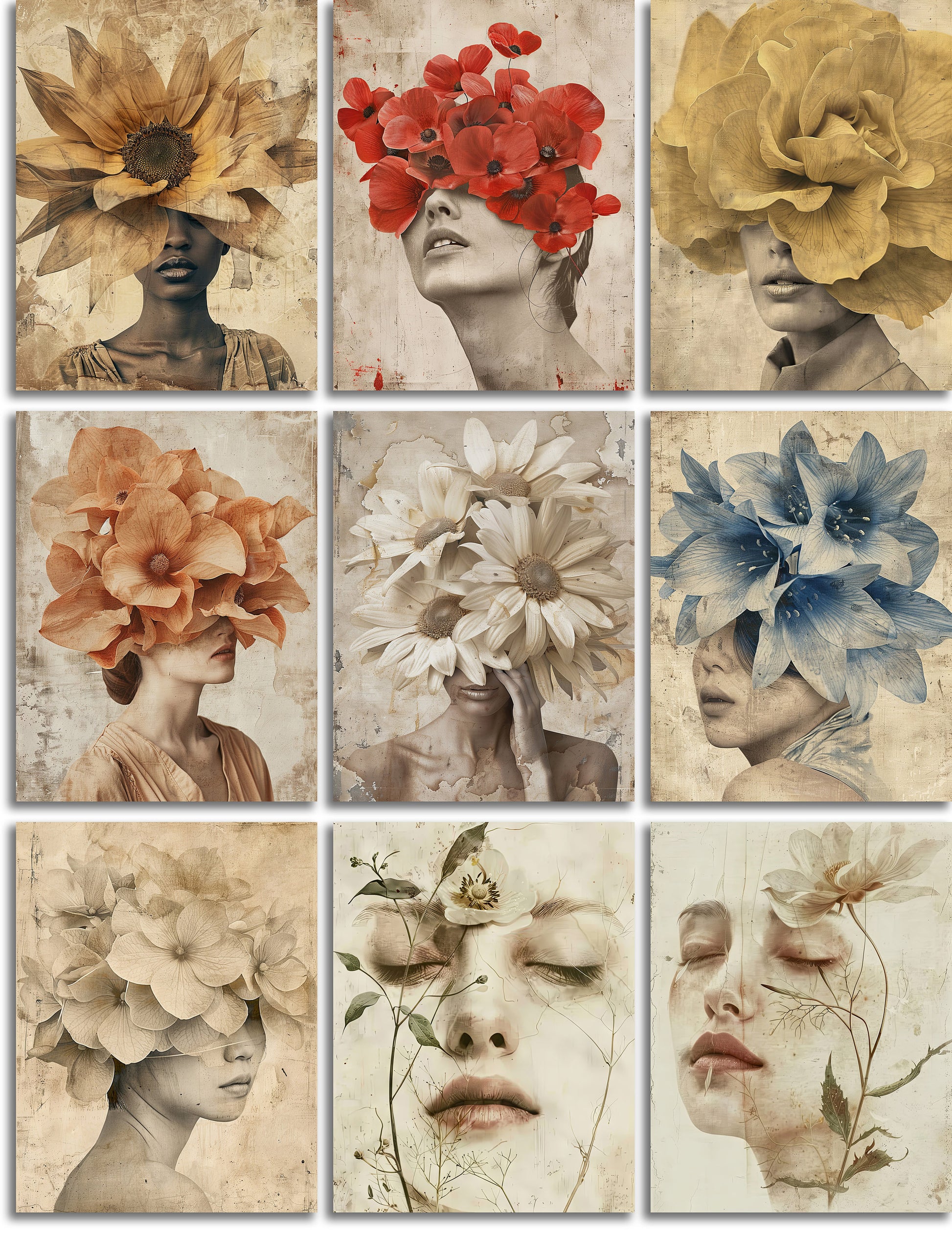 Floral Faces - 27 Flower adorned ladies' faces, Jpegs junk journals, Digital Art, Commercial Use, Scrapbooking, DIY Card Making, Craft Gift