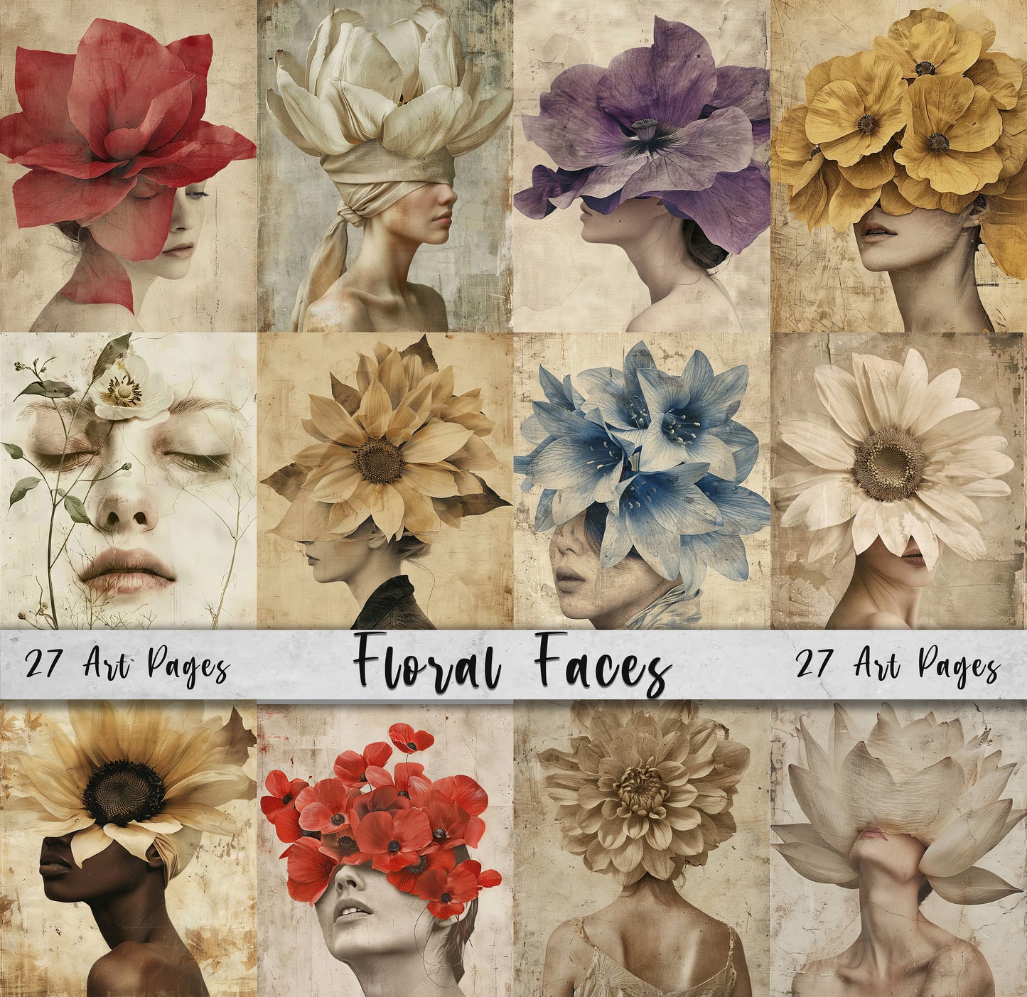 Floral Faces - 27 Flower adorned ladies' faces, Jpegs junk journals, Digital Art, Commercial Use, Scrapbooking, DIY Card Making, Craft Gift