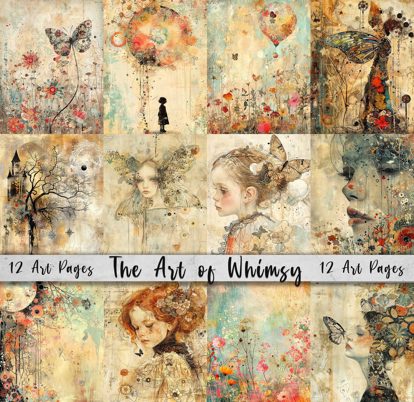 The Art Of Whimsy Printable Art Pages: Digital Paper Set, Quirky Junk Journal Art DIY Card Making, Whimsical Landscape and Portraits