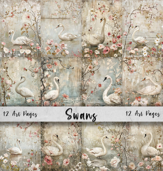 Swans Printable Art Pages| Digital Download Paper Set| Vintage Digital Paper Mixed Media Swan on a Lake| Junk Journal Art Card Making Gift