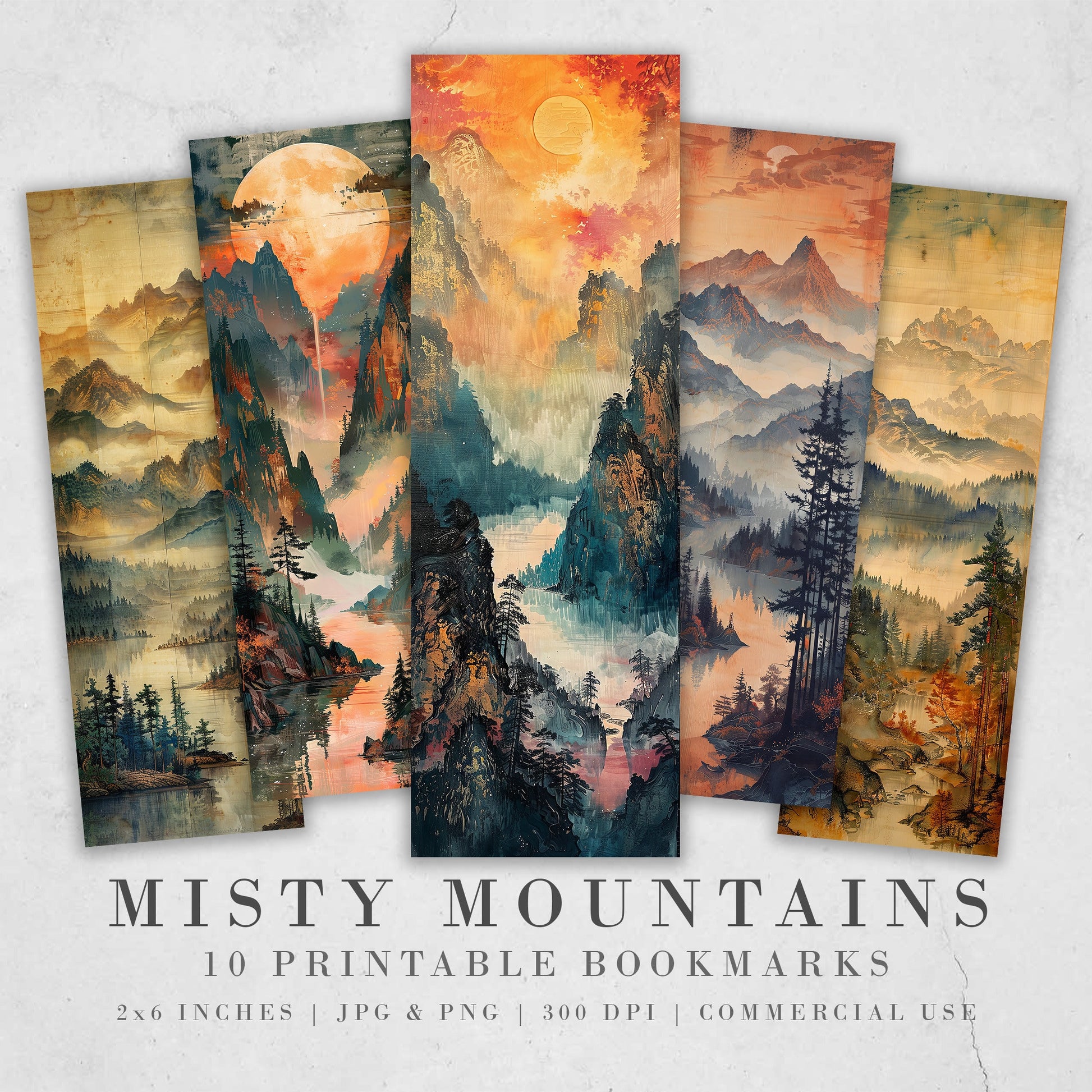 10 Misty Mountains Printable Bookmarks | Digital Download JPG Bookmark Sheets | PNG bookmark sublimation | Sunrise bookmark set | Gift