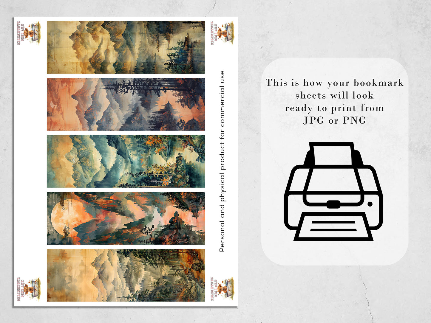 10 Misty Mountains Printable Bookmarks | Digital Download JPG Bookmark Sheets | PNG bookmark sublimation | Sunrise bookmark set | Gift