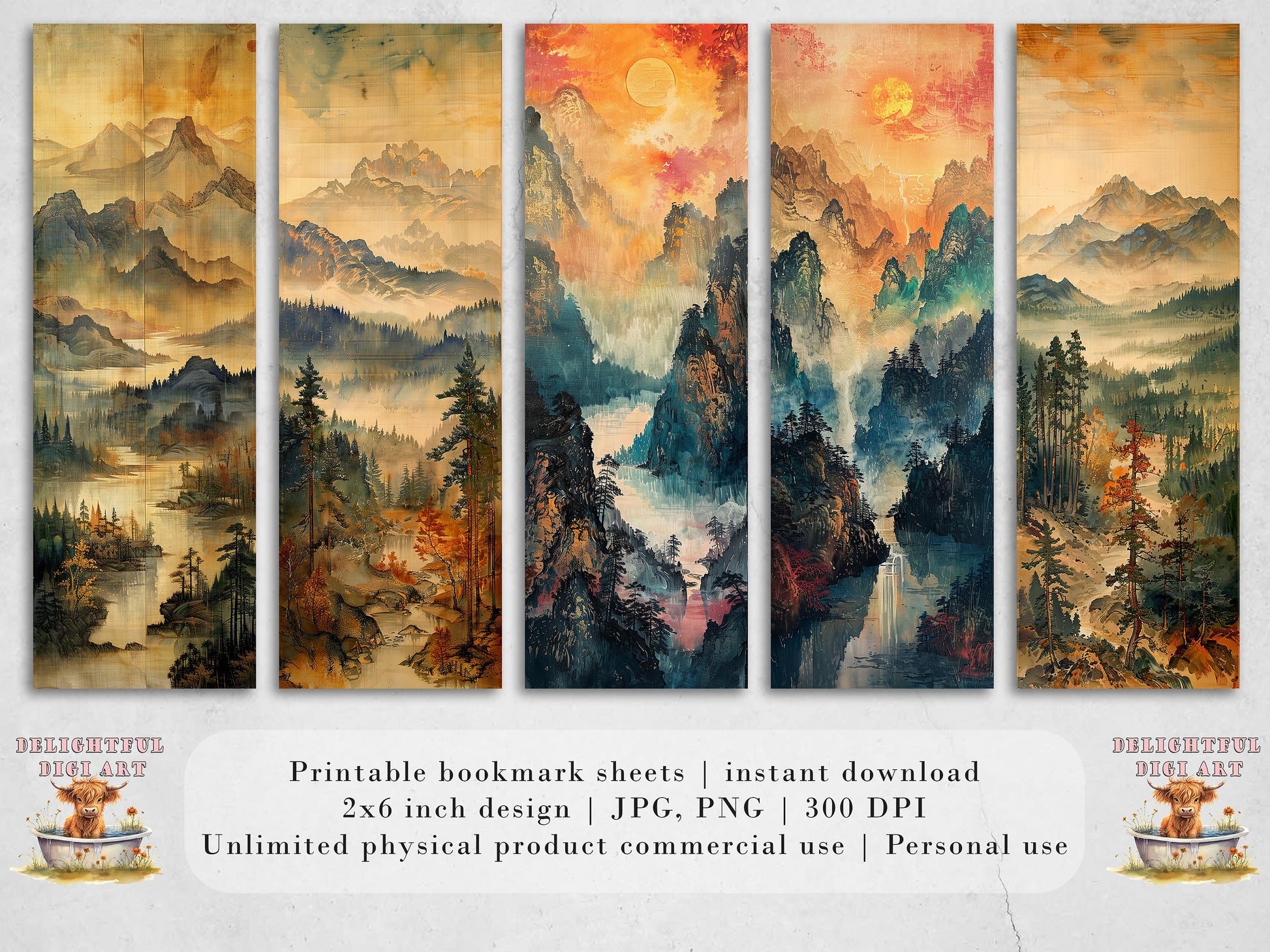 10 Misty Mountains Printable Bookmarks | Digital Download JPG Bookmark Sheets | PNG bookmark sublimation | Sunrise bookmark set | Gift