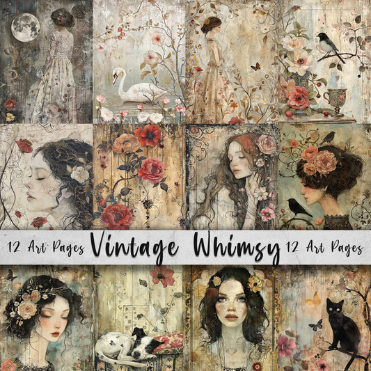 Vintage Whimsy Printable Art Pages, Quirky Art Pack, Flowers, Portraits, Birds, Pets, Junk Journal, Scrapbook, Craft Gift Idea for women