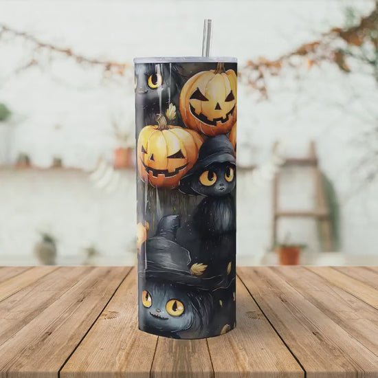 Cute Halloween 20oz Skinny Tumbler Sublimation Wrap | Digital Download Straight Tumbler Wrap PNG | Seamless Cats and Jack o lantern Design|