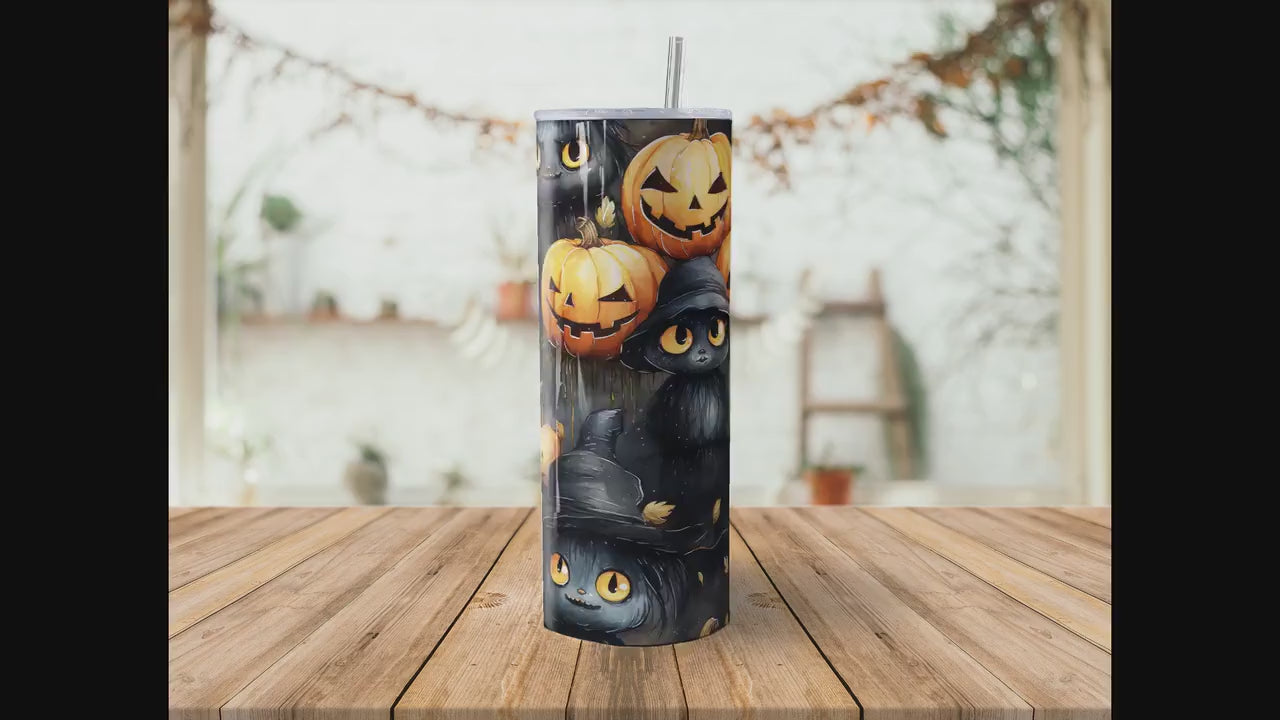 Cute Halloween 20oz Skinny Tumbler Sublimation Wrap | Digital Download Straight Tumbler Wrap PNG | Seamless Cats and Jack o lantern Design|