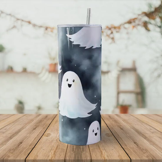 Cute Ghost 20oz Skinny Tumbler Sublimation Wrap | Digital Download Straight Tumbler Wrap PNG | Seamless Spooky Ghost Design| Retro Art