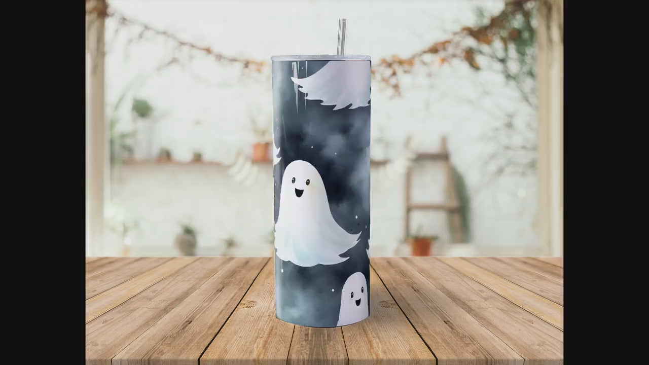 Cute Ghost 20oz Skinny Tumbler Sublimation Wrap | Digital Download Straight Tumbler Wrap PNG | Seamless Spooky Ghost Design| Retro Art