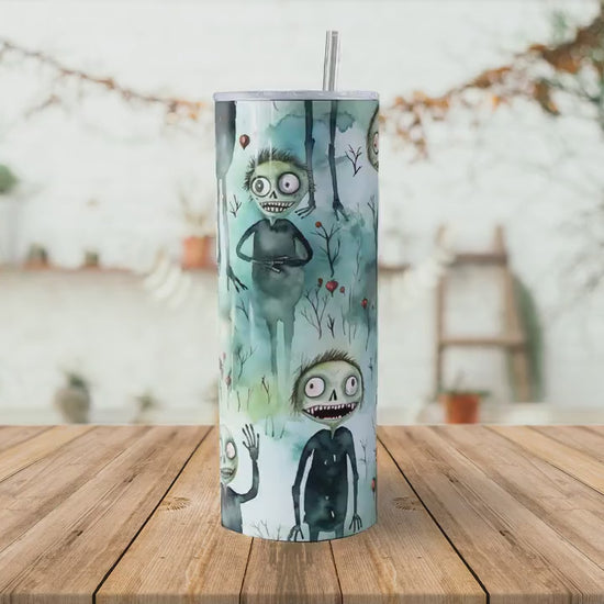 Cute Zombie Halloween 20oz Skinny Tumbler Sublimation Wrap | Digital Download Straight Tumbler Wrap PNG | Seamless Design| Whimsical Artwork