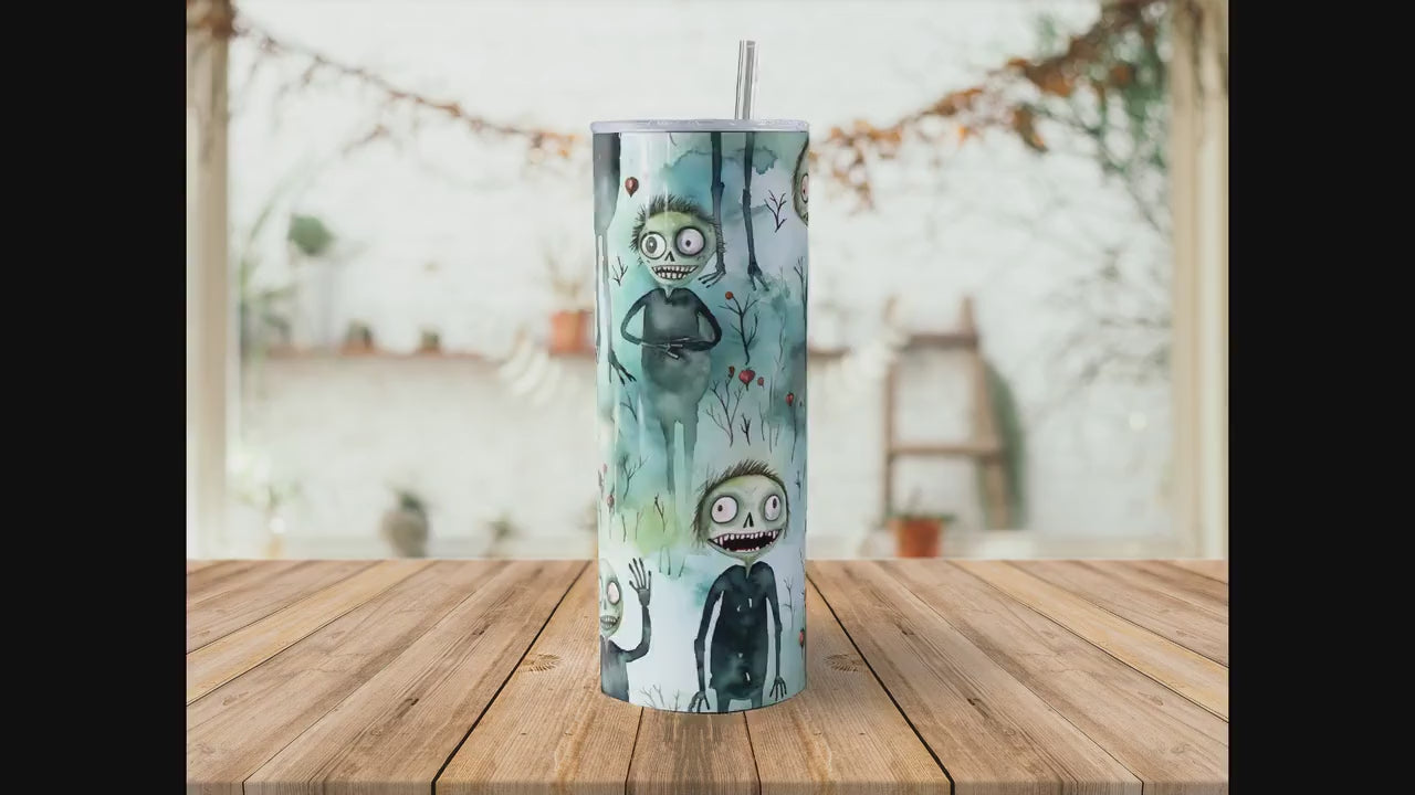 Cute Zombie Halloween 20oz Skinny Tumbler Sublimation Wrap | Digital Download Straight Tumbler Wrap PNG | Seamless Design| Whimsical Artwork