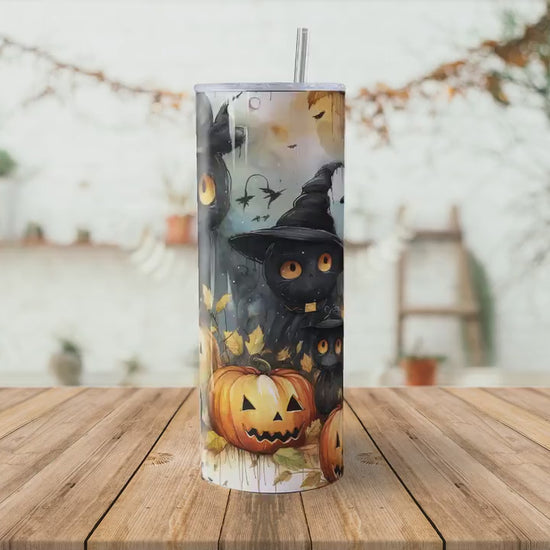 Cute Halloween 20oz Skinny Tumbler Sublimation Wrap | Digital Download Straight Tumbler Wrap PNG | Seamless Cats and Jack o lantern Design|