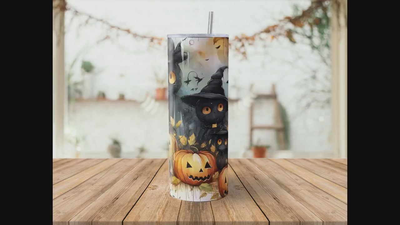 Cute Halloween 20oz Skinny Tumbler Sublimation Wrap | Digital Download Straight Tumbler Wrap PNG | Seamless Cats and Jack o lantern Design|