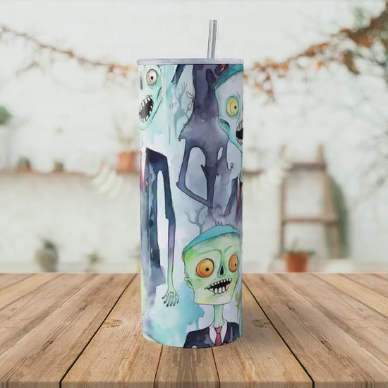 Cute Zombie Halloween 20oz Skinny Tumbler Sublimation Wrap | Digital Download Straight Tumbler Wrap PNG | Seamless Design| Whimsical Artwork