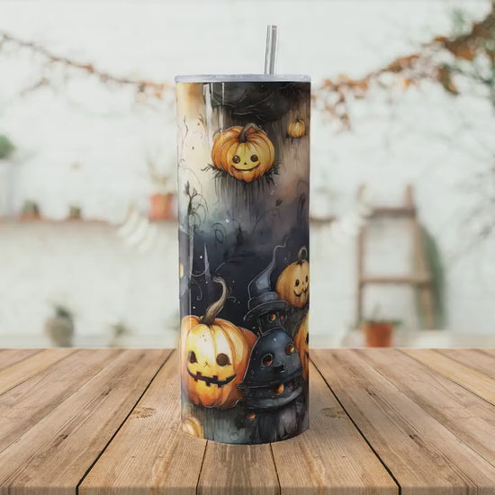 Cute Halloween 20oz Skinny Tumbler Sublimation Wrap | Digital Download Straight Tumbler Wrap PNG | Seamless Cats and Jack o lantern Design|