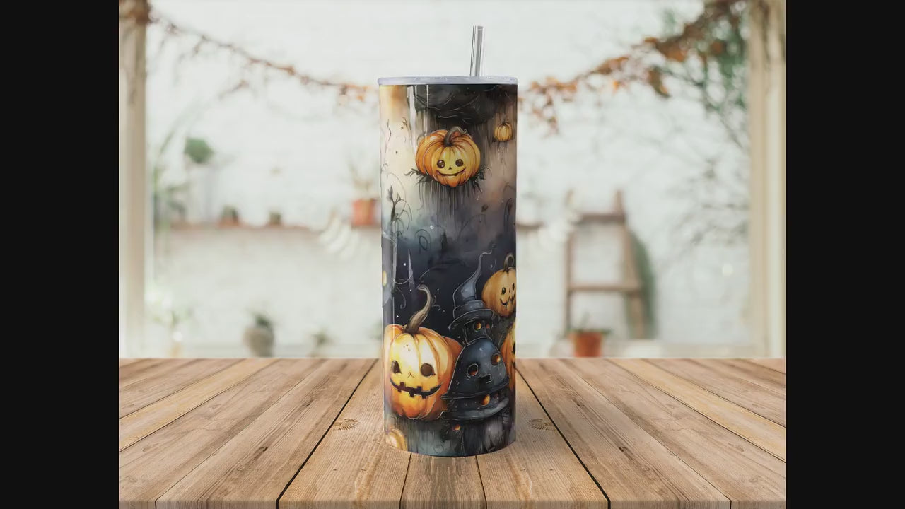 Cute Halloween 20oz Skinny Tumbler Sublimation Wrap | Digital Download Straight Tumbler Wrap PNG | Seamless Cats and Jack o lantern Design|