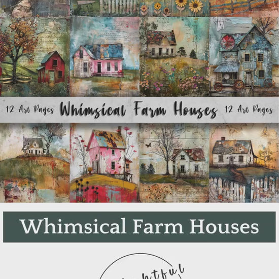 Whimsical Farm Houses Printable Art Pages| Digital Download Paper Set| Quirky Digital Paper Mixed Media Houses| Junk Journal Art Card Making